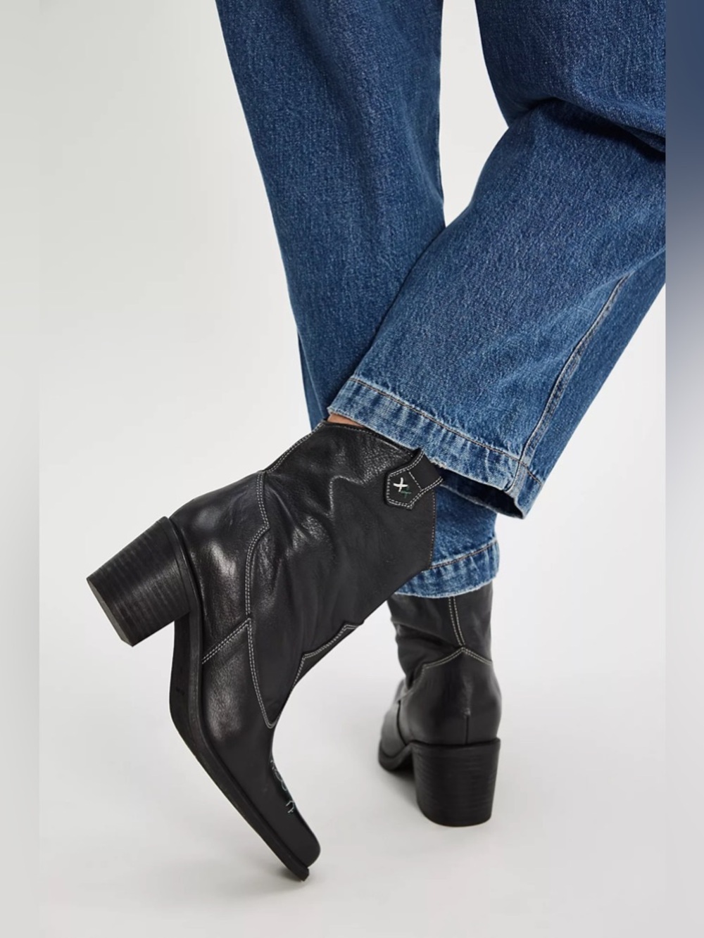 Free People Wandering Western Black Leather Western Ankle Boots - Picture 3 of 11